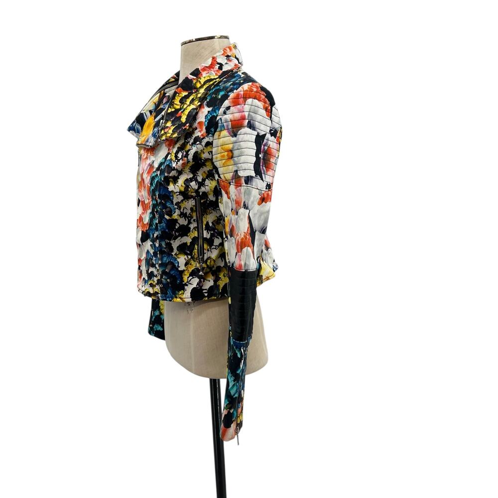 Nicholas Digi Floral Moto Jacket‎ Cotton Blend Leather Trim Multicolor US 4 - Picture 7 of 16